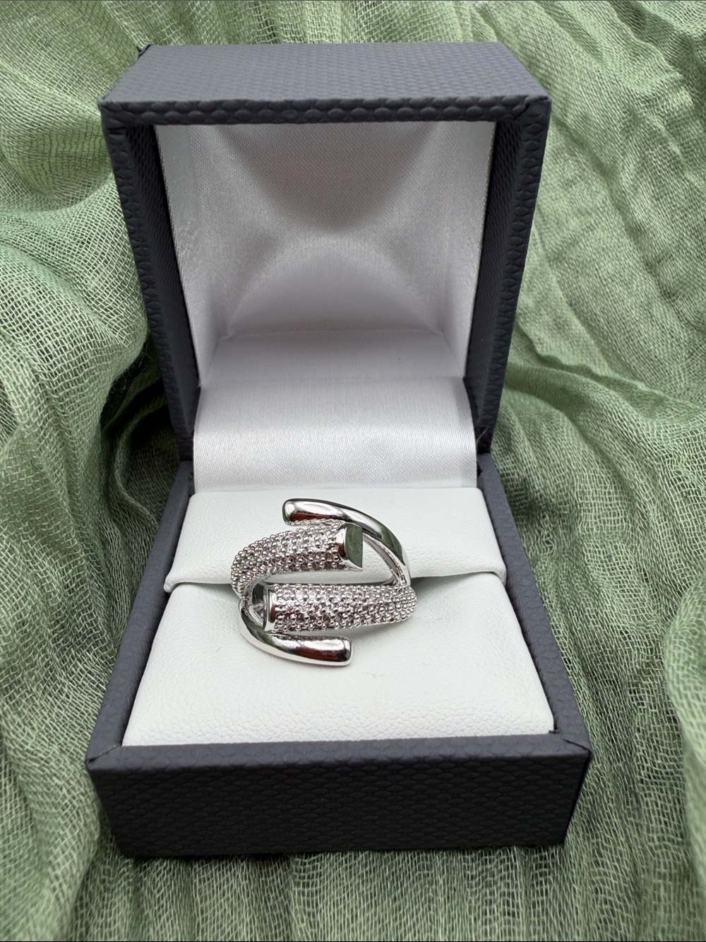 Oro Laminado Silver Gemini Zirconia Ring Adjustable Italy CZ